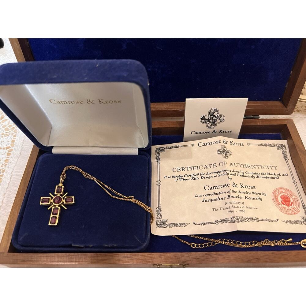 Camrose & Kross Gold purple Stone Cross Necklace with Box and Certificate